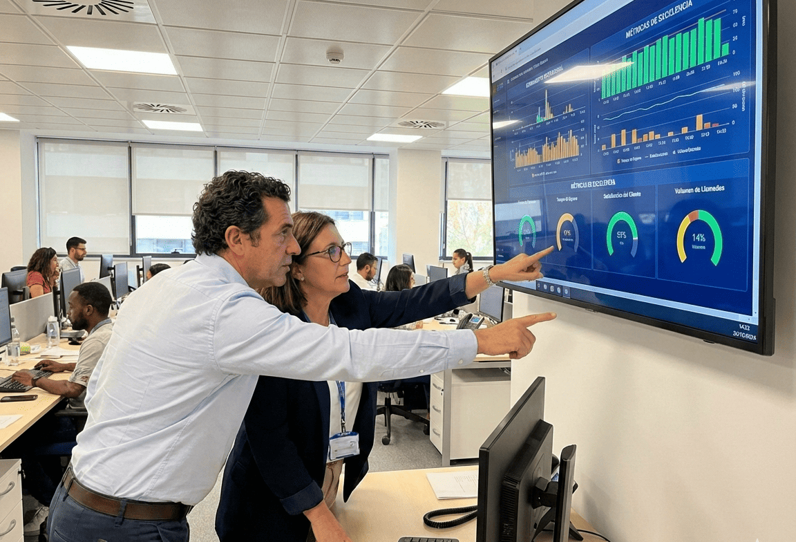 Profesionales de centros de contacto analizando dashboards de KPIs en tiempo real, con gráficos de rendimiento operacional y métricas de excelencia en pantallas modernas