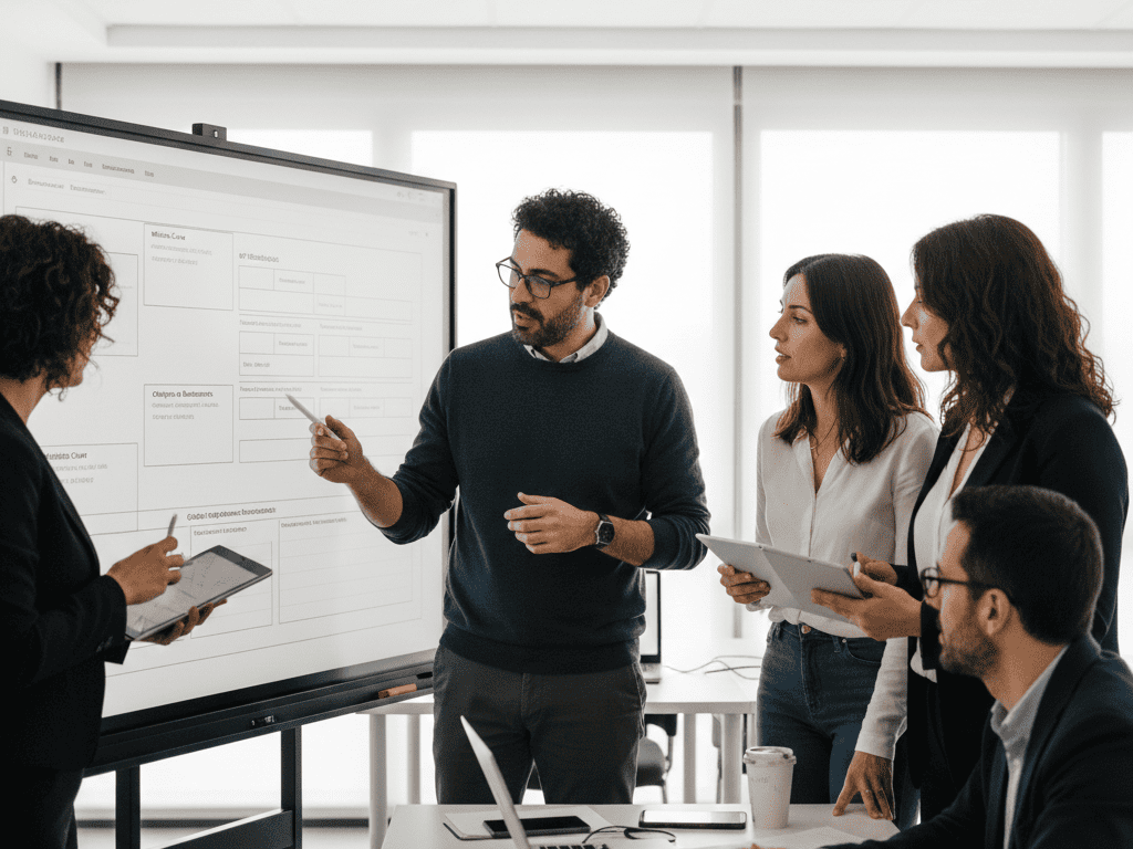 Sesión de taller colaborativo con equipo de operaciones diseñando tablero de KPIs en pizarra digital, facilitador guiando discusión sobre métricas clave y objetivos de rendimiento