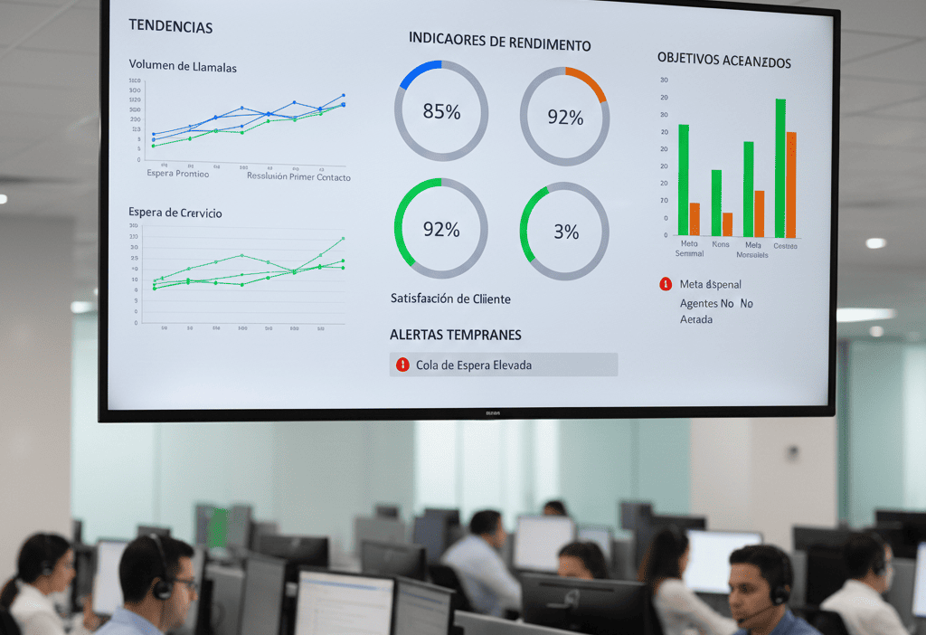 Dashboard de KPIs en pantalla grande mostrando métricas de centro de contacto en tiempo real: gráficos de tendencias, indicadores de rendimiento, alertas tempranas y objetivos alcanzados con visualización clara y profesional